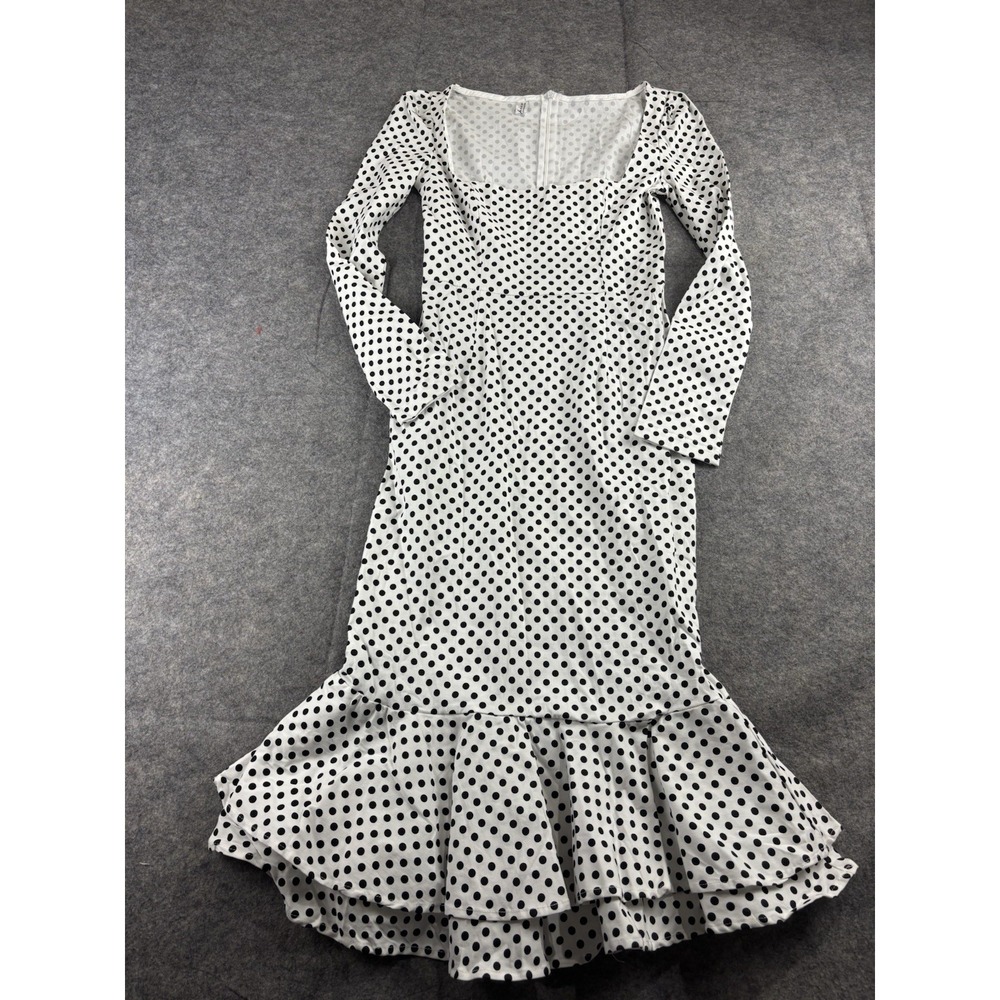 Women's M Ruffle Longsleeve White POLKA DOT MIDI Dress Preppy French Oldโ Money